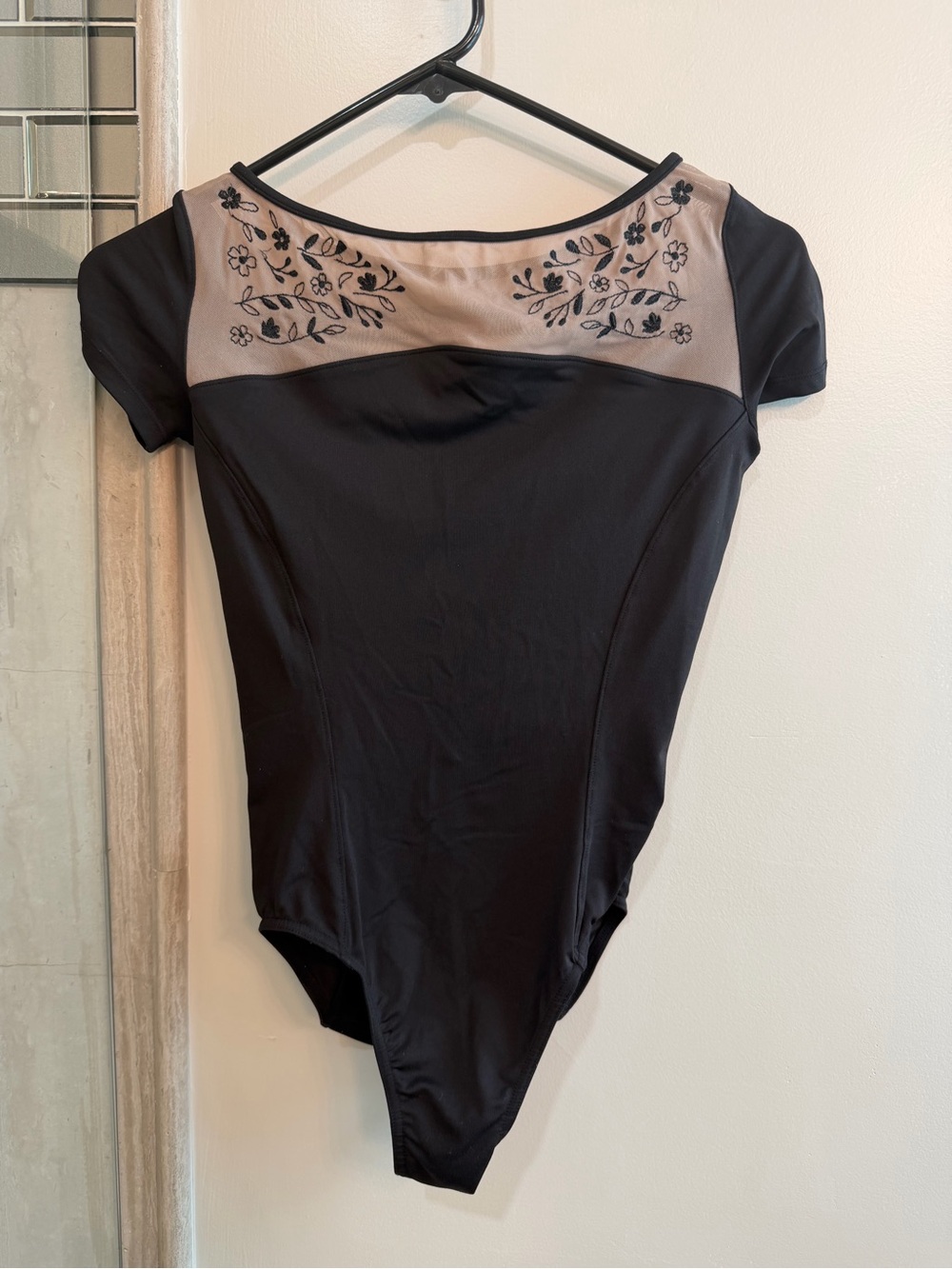 Mirella Black Short-Sleeve Bodysuit with Cream Sheer Yoke
